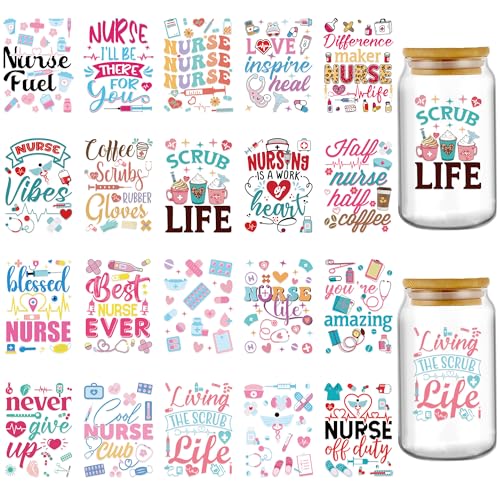 INCOK Rub-on-Transfers zum Basteln – 20 Blatt Krankenschwester-UV-DTF-Becherfolie für 473 ml Glas-Wasserflasche, inspirierende Heilzitate, Glas-UVDTF-Transferaufkleber, dankbares Geschenk für von INCOK