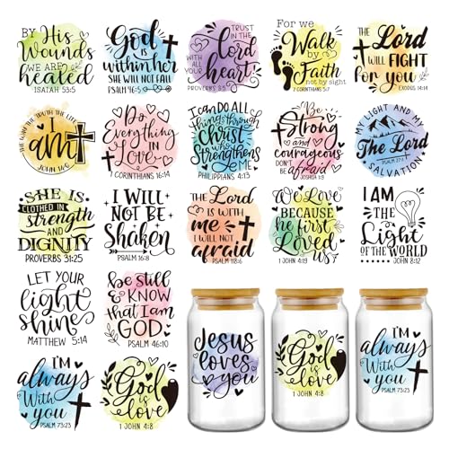 INCOK Rub-on-Transfers zum Basteln – 20 Blatt bunte Bibelvers UV DTF Tassen-Wraps für 473 ml Kaffeetasse, christliche motivierende Zitate, Libbey Tasse, Transferaufkleber, Gott biblische Geschenke von INCOK