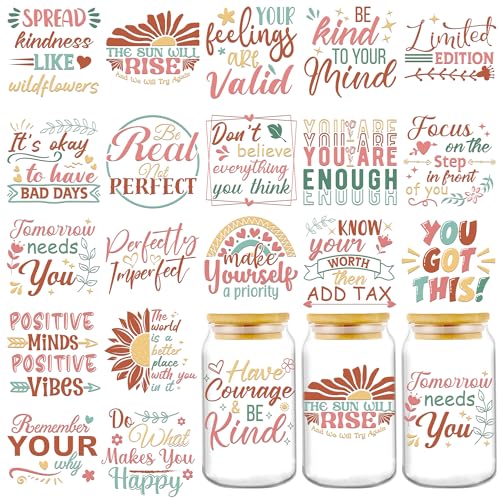 INCOK Rub-on-Transfers zum Basteln – 20 Blatt bunte UV-DTF-Glasfolien für 473 ml Wasserflasche, tägliche Inspiration, Sprüche, Kaffeetassen-Aufkleber, Stressabbau, Basteln von INCOK