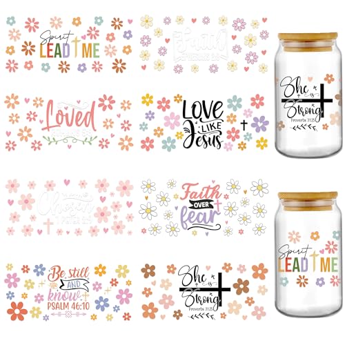 INCOK Rub-on-Transfers zum Basteln – 8 Blatt Bibelvers Blume UV DTF Cup Wrap für 473 ml Wasserkelch, christliche Motivationssprüche, Tumbler, Transferaufkleber, Kirche dekorative Aufkleber von INCOK