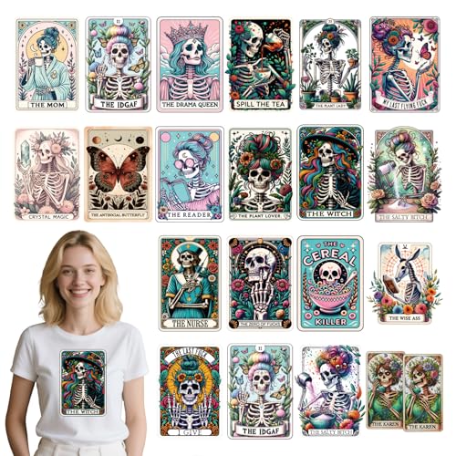 INCOK Tarotkarten-Aufkleber zum Aufbügeln, lustige Totenkopf-DTF-Transfer-Aufkleber, fertig zum Drücken, Schmetterling, zum Aufbügeln, Vinyl-Designs, für Erwachsene, Humor, Aufkleber für T-Shirts von INCOK