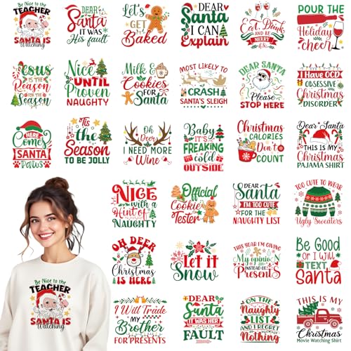 INCOK Weihnachts-Bügelbilder – 30 Stück lustige Wärmetransfers DTF Transfers bereit zum Drücken, niedlicher Weihnachtsmann, Lebkuchenmann, Aufkleber zum Aufbügeln für Kleidung, Hemd, Tasche von INCOK