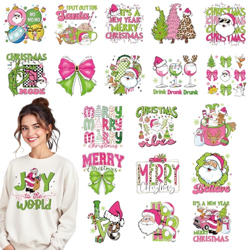 INCOK Weihnachts-Bügelbilder für T-Shirts – 20 Stück Schleife DTF Transfers bereit zum Drücken, Weihnachtsmann, HTV, Vinyl-Flicken, für Rucksack, Jacken, Hüte, Taschen, DIY-Weihnachtskostüme von INCOK
