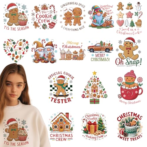 Lebkuchen-Bügelbilder – 16 Blatt Weihnachts-DTF-Transfers, bereit zum Drücken, Weihnachtsmann, Aufbügler, Weihnachten, LKW, Wärmetransfers, Vinyl für Kleidung, Taschen, Abdeckungen, Basteldekorationen von INCOK