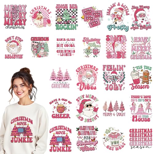 Rosa Weihnachts-Bügelbilder – 24 Blatt DTF Transfers bereit zum Drücken, Weihnachts-Vinyl-Aufkleber, DIY, Schneemann, Lebkuchenmann, Weihnachtsmann, Bügelapplikationen für T-Shirts, Kleidung, Mützen von INCOK