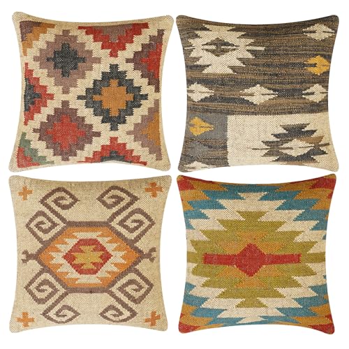 INDACORIFY 4-teiliges Set Kelim-Kissenbezug aus Wolle, Jute, handgewebt, Vintage-Stil, türkisches Kissen, dekorativer Überwurf, Heimdekoration (Muster- 05) von INDACORIFY