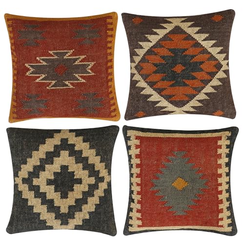 INDACORIFY 4-teiliges Set Kelim-Kissenbezug aus Wolle, Jute, handgewebt, Vintage-Stil, türkisches Kissen, dekorativer Überwurf, Heimdekoration (Muster- 15) von INDACORIFY