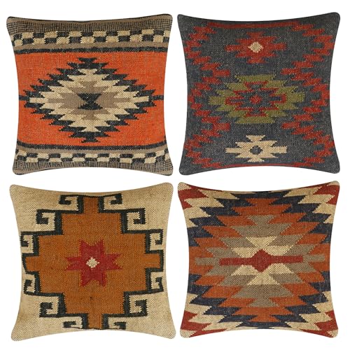 INDACORIFY 4-teiliges Set Kelim-Kissenbezug aus Wolle, Jute, handgewebt, Vintage-Stil, türkisches Kissen, dekorativer Überwurf, Heimdekoration (Muster- 21) von INDACORIFY