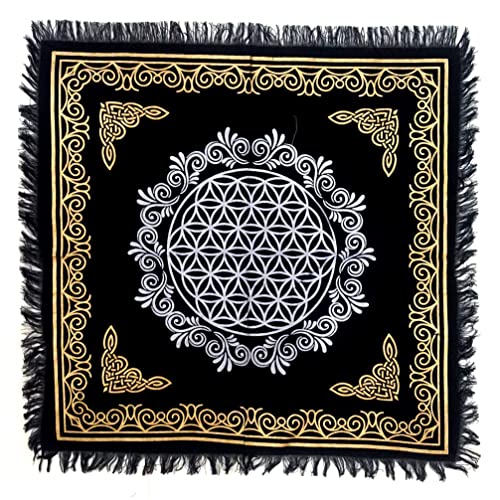 INDACORIFY Altar-Tischdecke mit Fransen Alter Tarot Hexerei Spread Tischdecke Meditations-Spirituelles heiliges Tuch 18 x 18 Zoll (Gold- und Silberblume des Lebens) von INDACORIFY