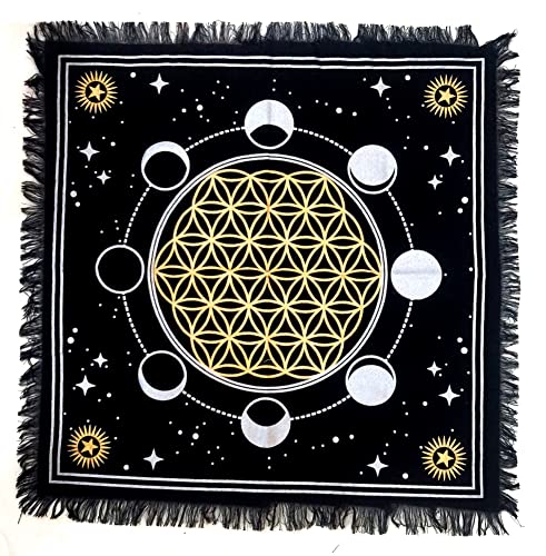 INDACORIFY Altar-Tischdecke mit Fransen Alter Tarot Hexerei Spread Tischdecke Meditations-Spirituelles heiliges Tuch 18 x 18 Zoll (Gold- und Silbermondphasen mit Blume des Lebens) von INDACORIFY