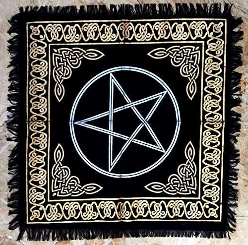 INDACORIFY Altar-Tischdecke mit Fransen Alter Tarot Hexerei Spread Tischdecke Meditations-Spirituelles heiliges Tuch 18 x 18 Zoll (Gold- und Silberpentagramm) von INDACORIFY