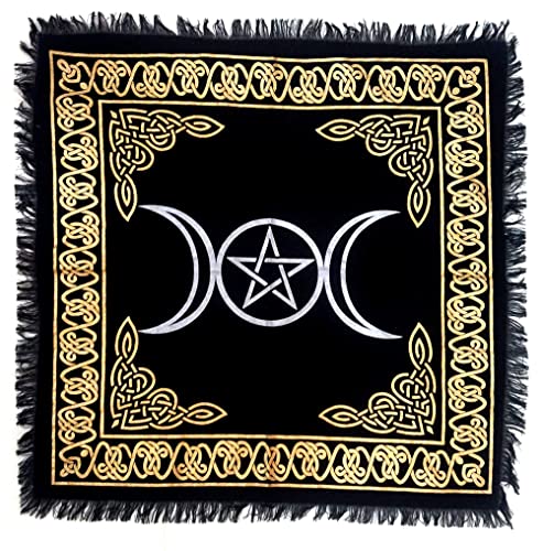 INDACORIFY Altar-Tischdecke mit Fransen Alter Tarot Hexerei Spread Tischdecke Meditations-Spirituelles heiliges Tuch 18 x 18 Zoll (Goldene und Silberne Pentagramm-Monde) von INDACORIFY