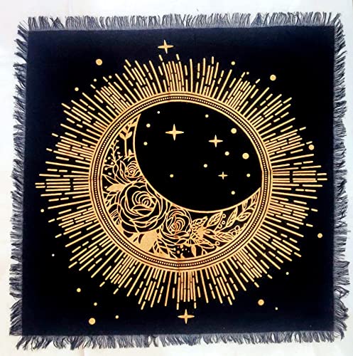 INDACORIFY Altar-Tischdecke mit Fransen Alter Tarot Hexerei Spread Tischdecke Meditations-Spirituelles heiliges Tuch 18 x 18 Zoll (Goldener Blumen-Mondstern) von INDACORIFY