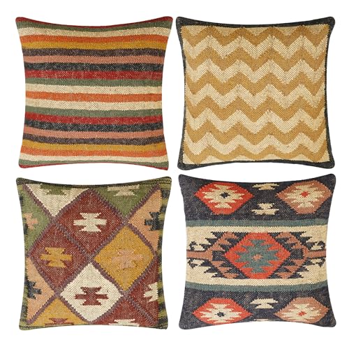 INDACORIFY Kissenbezug aus indischer Wolle und Jute, Vintage-Kelim-Kissenbezüge, Heimdekoration, handgewebte türkische Kissen, Set mit 4 dekorativen Kissenbezügen INDACORIFY Kissenbezug aus indischer Wolle und Jute, Vintage-Kelim-Kissenbezüge, Heimdekoration, handgewebte türkische Kissen, Set mit 4 dekorativen Kissenbezügen von INDACORIFY
