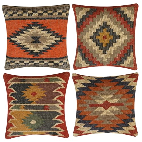 INDACORIFY Vintage-Kelim-Kissenbezüge, indische Wolle, Jute-Kissenbezug, Heimdekoration, handgewebte türkische Kissen, Set mit 4 dekorativen Kissenbezügen INDACORIFY Vintage-Kelim-Kissenbezüge, indische Wolle, Jute-Kissenbezug, Heimdekoration, handgewebte türkische Kissen, Set mit 4 dekorativen Kissenbezügen von INDACORIFY