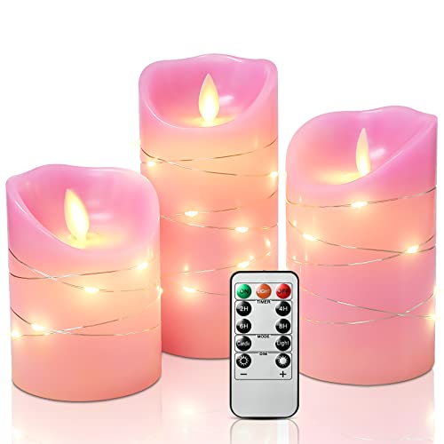 INDARUN Flammenlose LED Kerzen, warmweiß, mit eingebetteten LED Lichterketten, LED-Kerzen, 3er Set mit 11 Tasten Fernbedienung und Timer-Funktion, Rosa von INDARUN