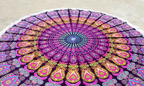 Runde Strand-Mandala-Boho-Hippie-Decke indische Baumwolle böhmische große Tischdecke Heimdekoration Yoga-Matte Meditation Picknickdecke Überwurf Hippie-Boho-Tischdecke Roundie (106,7 cm rosa und gelb) von INDIAN CRAFT CASTLE