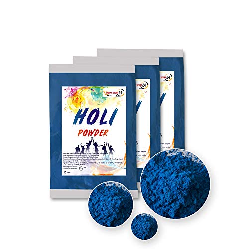 INDIAN STORE 24 3 x Holi Gulal Pulver wasserlöslich Natural Festival Fotoshooting Rangoli Colors Regenbogen Powder holy farbbeutel Glitzer Farbpulver Fotos (3 X Blue, Blau) von INDIAN STORE 24