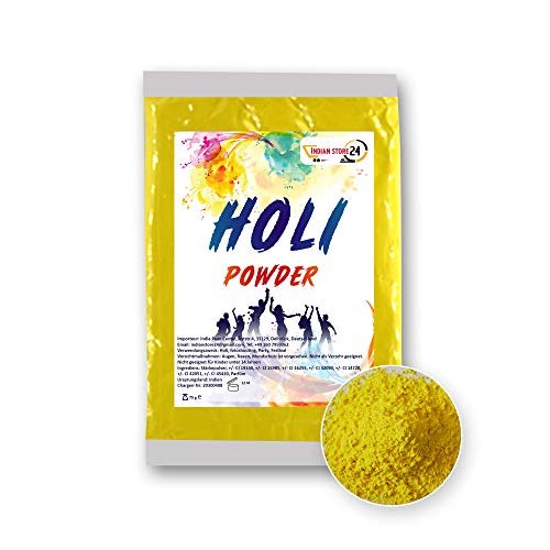 INDIAN STORE 24 Holi Gulal Pulver wasserlöslich Natural Festival Fotoshooting Rangoli Colors Regenbogen Powder holy farbbeutel Glitzer Farbpulver Fotos (Yellow,gelb) von INDIAN STORE 24