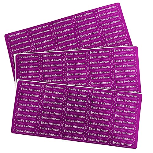 Indigos UG Namensaufkleber Kinder Schule - 150 Sticker - 36x7 mm - Aufkleber selbst gestalten - Namensschilder selbstklebend Kindergarten, Sticker KITA, Brotdose, Flasche, Federmappe, Stifte - lila von INDIGOS UG
