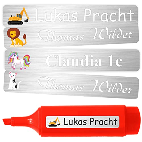 INDIGOS UG - Namensaufkleber Kinder Schule - 51x7 mm - 10-1000 Stück Aufkleber selbst gestalten - Namensetiketten selbstklebend - Sticker für Stifte, Federmappe, Hefte, Bücher - Edelstahllook von INDIGOS UG