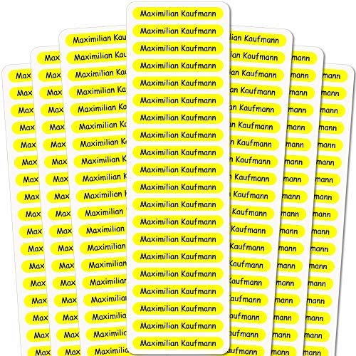 INDIGOS UG® Namensaufkleber Sticker - 51x7 mm - 140 Stück für Kinder, Schule und Kindergarten - Stifte, Federmappe, Lineale - gelber Hintergrund - individueller Aufdruck von INDIGOS UG