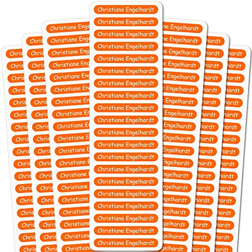INDIGOS UG® Namensaufkleber Sticker - 51x7 mm - 140 Stück für Kinder, Schule und Kindergarten - Stifte, Federmappe, Lineale - orangner Hintergrund - individueller Aufdruck von INDIGOS UG