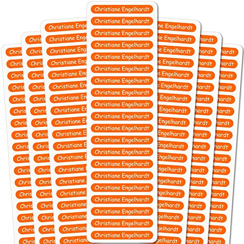 INDIGOS UG Namensaufkleber Kinder - 51x7 mm - 140 Stück Sticker für Kinder, Schule und Kindergarten - Stifte, Federmappe, Lineale - orangner Hintergrund - individueller Aufdruck von INDIGOS UG
