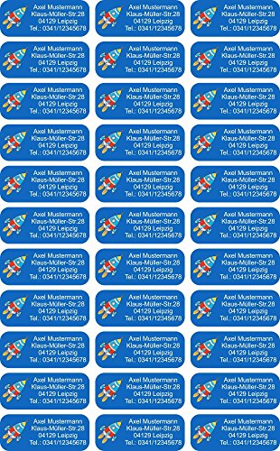 INDIGOS UG Namensaufkleber Kinder Schule - 56x23 mm - 108 - Rakete - 33-99 Sticker - Adressaufkleber personalisiert - selbstklebend für Etiketten, Kindergarten, Gegenstände, Ordner, Umschläge von INDIGOS UG