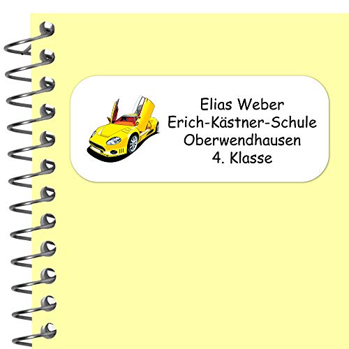 INDIGOS UG Namensaufkleber Kinder Schule - 56x23 mm - Adressetiketten selbstklebend - 008 - Hot Rod Auto - 99 Sticker Adressaufkleber personalisiert - Ordner, Bücher, Hefte, Briefumschläge von INDIGOS UG