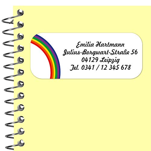 INDIGOS UG® Namensaufkleber Sticker - 56x23 mm - personalisiert - 067 - Regenbogen - 33-99 Stück für Kinder, Schule und Kindergarten - KITA Adressaufkleber für Stifte, Federmappen, Briefe von INDIGOS UG