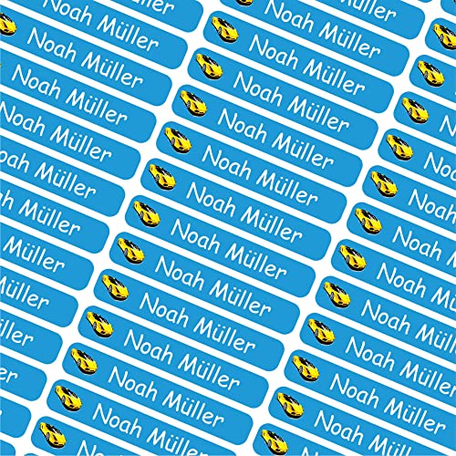 INDIGOS UG Namensaufkleber Kinder Schule- 6x1cm - Etiketten selbstklebend - 007 - Hot Rod Auto - 60 personalisierte Aufkleber für Kindergarten, Stifte, Bücher, Brotdose Federmappe, Lineale & Spielzeug von INDIGOS UG