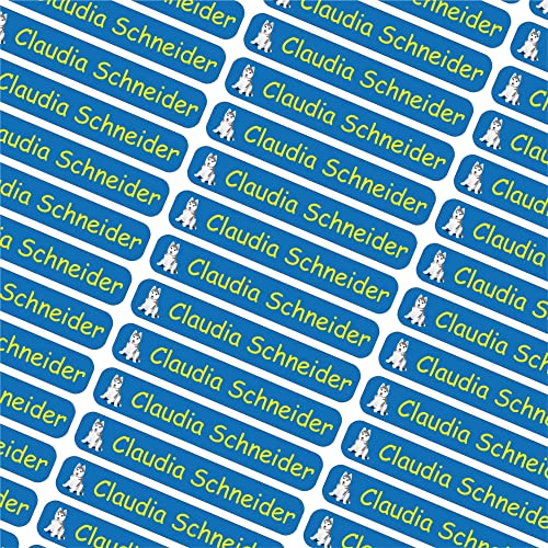 Indigos UG Namensaufkleber Kinder Schule - 6x1cm - 027 - Hund - Etiketten selbstklebend - 60 personalisierte Aufkleber für Kindergarten, Stifte, Bücher, Brotdose, Federmappe, Lineale & Spielzeug von INDIGOS UG