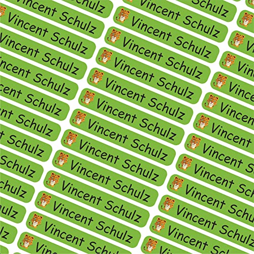 INDIGOS UG Namensaufkleber Kinder Schule- 6x1cm - Etiketten selbstklebend - 084 - Tiger - 60 personalisierte Aufkleber für Kindergarten, Stifte, Bücher, Brotdose, Federmappe, Lineale & Spielzeug von INDIGOS UG