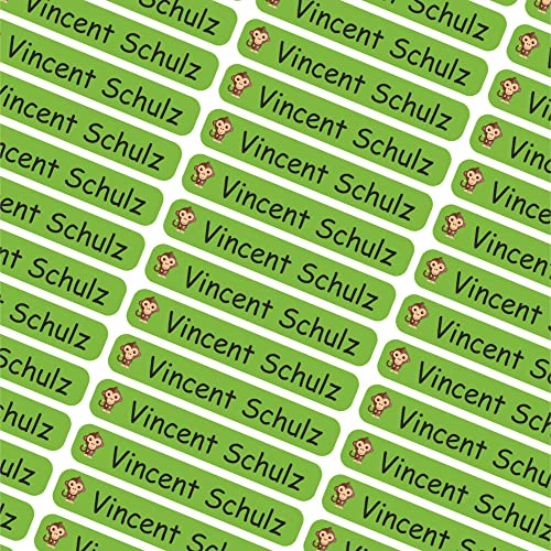 INDIGOS UG Namensaufkleber Kinder Schule- 6x1cm - Etiketten selbstklebend - 085 - Affe - 60 personalisierte Aufkleber für Kindergarten, Stifte, Bücher, Brotdose, Federmappe, Lineale & Spielzeug von INDIGOS UG