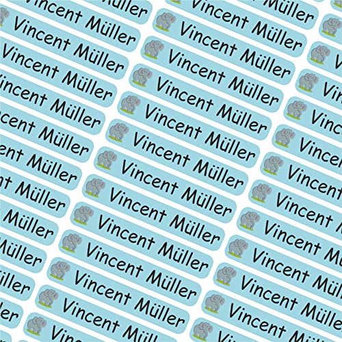 INDIGOS UG Namensaufkleber Kinder Schule- 6x1cm - Etiketten selbstklebend - 104 - Elefant - 60 personalisierte Aufkleber für Kindergarten, Stifte, Bücher, Brotdose, Federmappe, Lineale & Spielzeug von INDIGOS UG