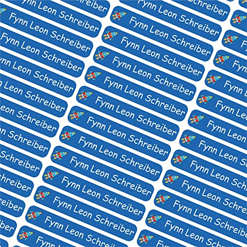 INDIGOS UG Namensaufkleber Kinder Schule- 6x1cm - Etiketten selbstklebend - 108 - Rakete - 60 personalisierte Aufkleber für Kindergarten, Stifte, Bücher, Brotdose, Federmappe, Lineale & Spielzeug von INDIGOS UG