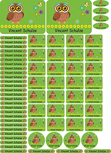 INDIGOS UG® Namensaufkleber Sticker - A4-Bogen - 088 - Eule - 69 Sticker für Kinder, Schule und Kindergarten - Stifte, Federmappe, Lineale - auch für Erwachsene - individueller Aufdruck von INDIGOS UG