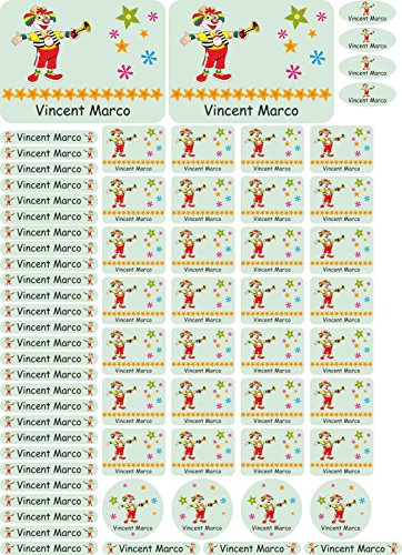 INDIGOS UG® Namensaufkleber Sticker - A4-Bogen - 107 - Clown - 69 Sticker für Kinder, Schule und Kindergarten - Stifte, Federmappe, Lineale - auch für Erwachsene - individueller Aufdruck von INDIGOS UG
