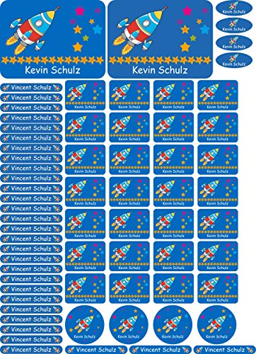 INDIGOS UG® Namensaufkleber Sticker - A4-Bogen - 108 - Rakete - 69 Sticker für Kinder, Schule und Kindergarten - Stifte, Federmappe, Lineale - auch für Erwachsene - individueller Aufdruck von INDIGOS UG