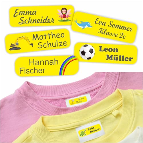 Indigos UG Namensschilder für Kleidung gelb - 35x10mm - 60 Stück - Namensaufkleber Kinder Schule - Kleidung & Gegenstände, Kindergarten, KITA - Wäscheetiketten selbstklebend von INDIGOS UG