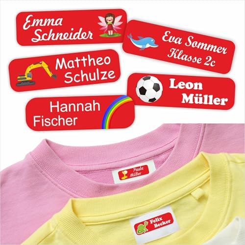 Indigos UG Namensschilder für Kleidung rot - 35x10mm - 60 Stück - Namensaufkleber Kinder Schule - Kleidung & Gegenstände, Kindergarten, KITA - Wäscheetiketten selbstklebend von INDIGOS UG