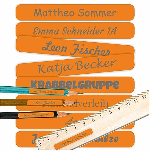 INDIGOS UG® Namensaufkleber für Kinder, Schule & Kita - orange - Aufkleber mit Namen für Schulsachen - Stifte - individuell personalisiert - wasserfest für die Spülmaschine - 75 Stück von INDIGOS UG