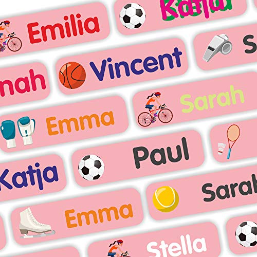 INDIGOS UG Namensaufkleber Kinder Kleidung - Wäscheetiketten & Gegenstände - 35-105 Stück - 35x10mm - Sport - rosa - Schule und Kindergarten - personalisierbar wasserfeste Klebeetiketten von INDIGOS UG