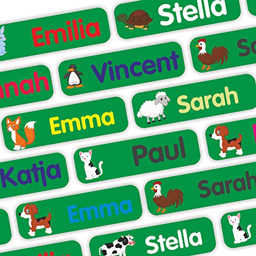 Indigos UG - Namensaufkleber Kinder Schule - 35–105 Sticker 35x10mm - Tiere grün - Kindergarten - mit Wunschtext personalisierbar - wasserfeste Wäscheetiketten selbstklebend von INDIGOS UG