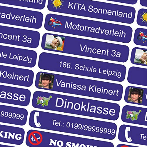 INDIGOS UG - Namensaufkleber Kinder Schule mit Foto - 36x7 mm - 10-150 Sticker - blau - personalisiert - selbstklebend - Etiketten für KITA, Sport, Sticker selbst gestalten von INDIGOS UG