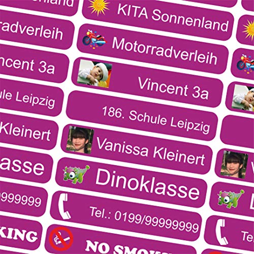 INDIGOS UG® Namensaufkleber mit Ihrem Bild - Foto - 36x7 mm - 10-150 Stück für Kinder, Schule und Kindergarten - Stifte, Federmappe, Lineale - Hintergrund lila - individuelles Motiv hochladen von INDIGOS UG