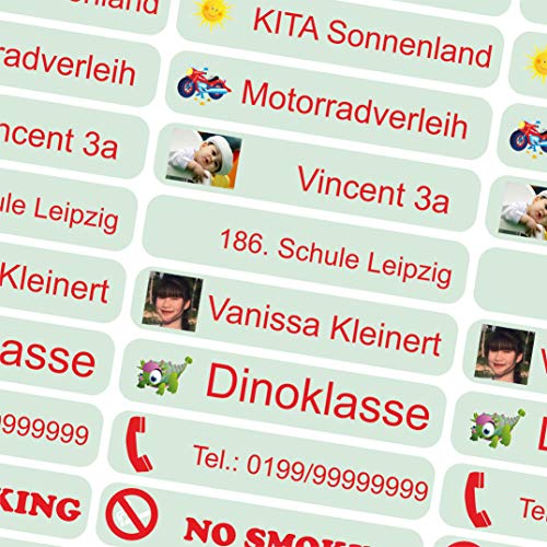 INDIGOS UG - Namensaufkleber Kinder Schule mit Foto - 36x7 mm - 10-150 Sticker - mint - personalisiert - selbstklebend - Etiketten für KITA, Sport, Sticker selbst gestalten von INDIGOS UG