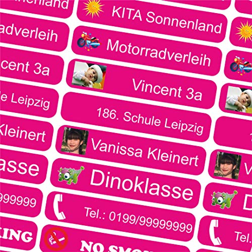 INDIGOS UG Namensaufkleber Kinder Schule mit Foto & Bild - 36x7 mm - 10-150 Sticker - Namensschilder selbstklebend - Aufkleber selbst gestalten - personalisiert - für Kindergarten, Sport - pink von INDIGOS UG