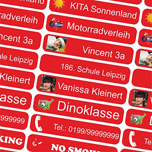 INDIGOS UG - Namensaufkleber Kinder Schule mit Foto - 36x7 mm - 10-150 Sticker - rot - personalisiert - selbstklebend - Etiketten für KITA, Sport, Sticker selbst gestalten von INDIGOS UG